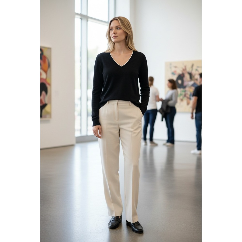 VINCE Silk Mixed Media‎ V-Neck Blouse Charcoal Gray White Trim S Minimalist